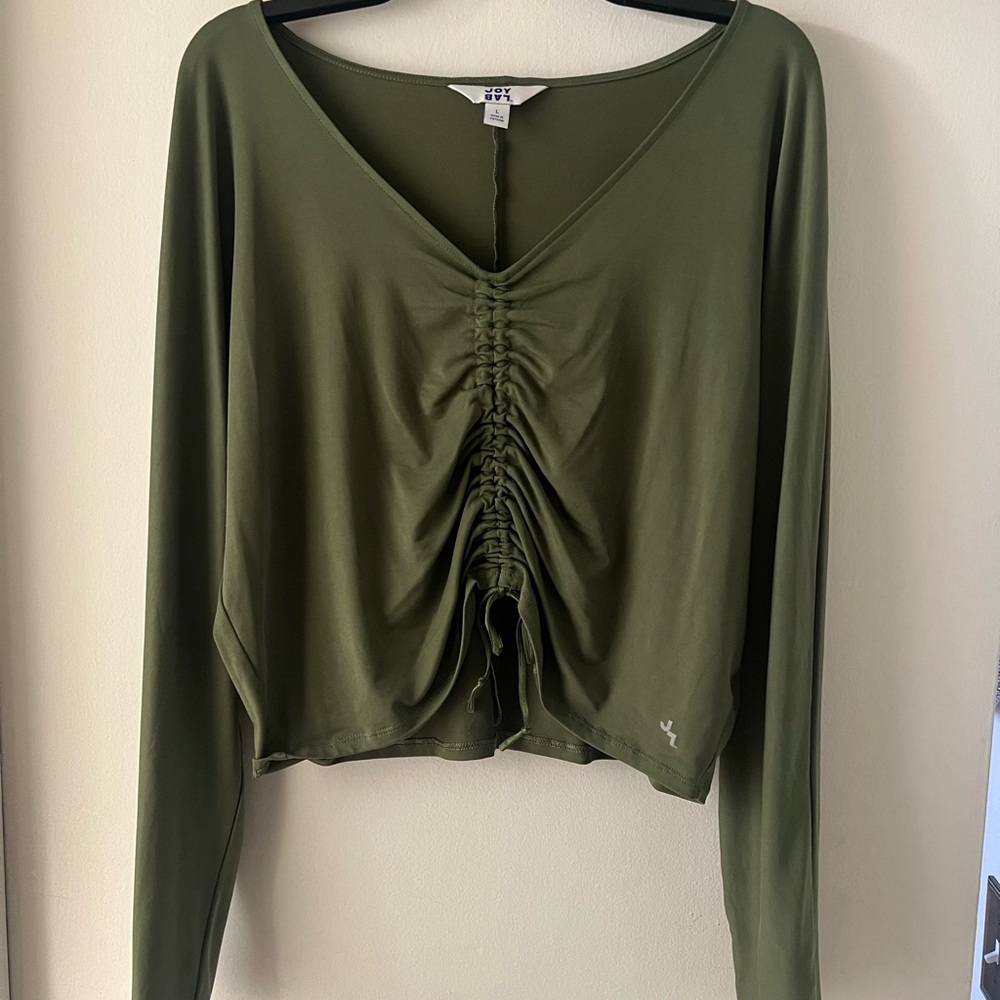 JoyLab Olive Green Long Sleeve Sinched Front Crop Top